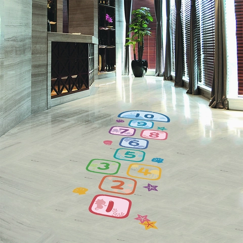Cartoon Ocean Theme Hopscotch Floor Stickers PVC Waterproof Removable Numbers Wall Decals For Kids Playroom Nursery Game