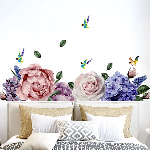 Sticker Mural Pivoine et Pie Peint à la Main Mural Floral Auto-adhésif en PVC Amovible pour Salon Chambre Maison Décor