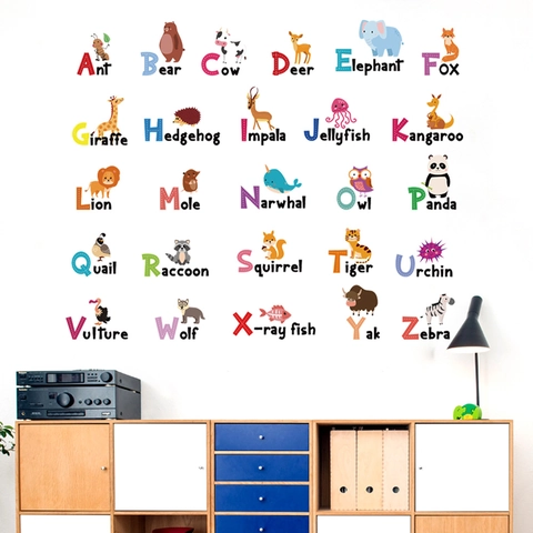 Forest Animal Alphabet Wall Stickers 26 Letters Kids Nursery Room Educational Decor PVC Removable Cartoon Wall Decals