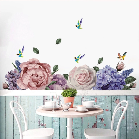 Sticker Mural Pivoine et Pie Peint à la Main Mural Floral Auto-adhésif en PVC Amovible pour Salon Chambre Maison Décor