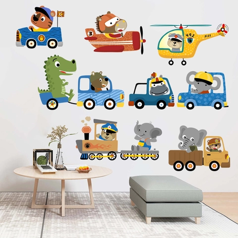 Cartoon Animal Transportation Wall Sticker For Kids Room Nursery Decor PVC Waterproof Plane Train Car Bear Elephant Decal