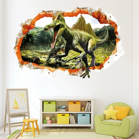 3D Mauerdurchbruch Dinosaurier Wandtattoo PVC Wasserdicht Spinosaurus Wald Aufkleber Für Kinderzimmer Schlafzimmer Wanddeko