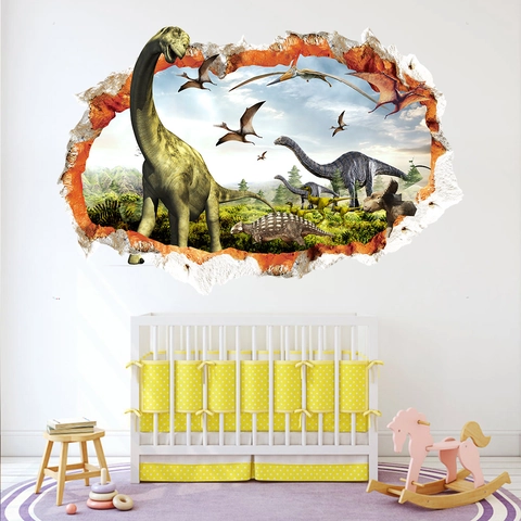 3D Realistische Dinosauriër Muursticker Gebroken Muur Effect Waterdichte PVC Verwijderbare Decal Voor Kinderkamer Woonkamer Decor