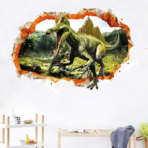 3D Mauerdurchbruch Dinosaurier Wandtattoo PVC Wasserdicht Spinosaurus Wald Aufkleber Für Kinderzimmer Schlafzimmer Wanddeko