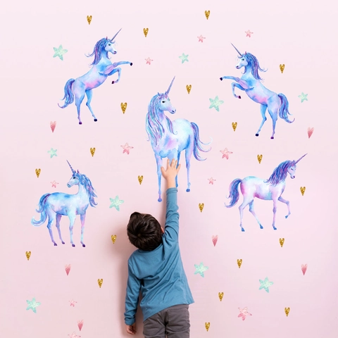 Watercolor Blue Unicorn Wall Sticker Set PVC Waterproof DIY Home Decor For Kids Room Nursery Gold Heart Star Pattern Decal