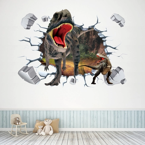 3D Broken Wall Dinosaur Wall Sticker For Kids Room Living Room Waterproof PVC Removable Animal Decal Mural Home Decor