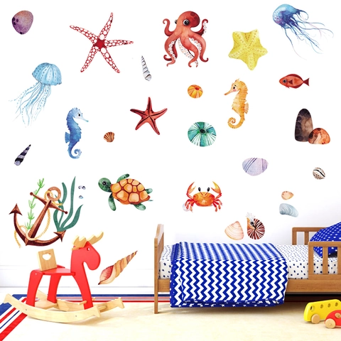 Adhesivos de Pared Vida Marina Acuarela Tortuga Pulpo Cangrejo Estrella de Mar Medusa Ancla PVC Removible Decoración Cuarto Niños