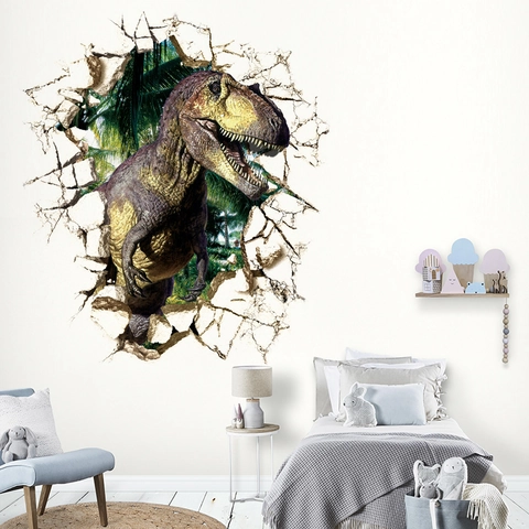 3D Dinosaur Wall Sticker Realistic Tyrannosaurus Rex Broken Wall Decal Waterproof PVC Home Decor For Kids Bedroom Living Room