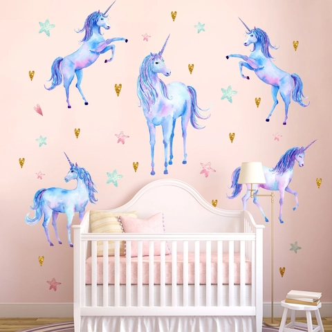 Watercolor Blue Unicorn Wall Sticker Set PVC Waterproof DIY Home Decor For Kids Room Nursery Gold Heart Star Pattern Decal