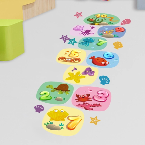 Ozean Welt Tiere Nummerierte Hüpfkästchen Wandaufkleber Für Kinderzimmer PVC Wasserdichte Abnehmbare Bodenaufkleber Dekorative Aufkleber