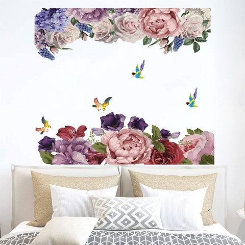 Handgemalt Pfingstrose Blume Vogel Wandtattoo Abnehmbare PVC Floral Wandbild Für Wohnzimmer Schlafzimmer Home Dekorative Kunst Tapete
