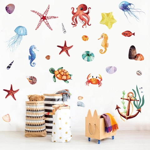 Adhesivos de Pared Vida Marina Acuarela Tortuga Pulpo Cangrejo Estrella de Mar Medusa Ancla PVC Removible Decoración Cuarto Niños