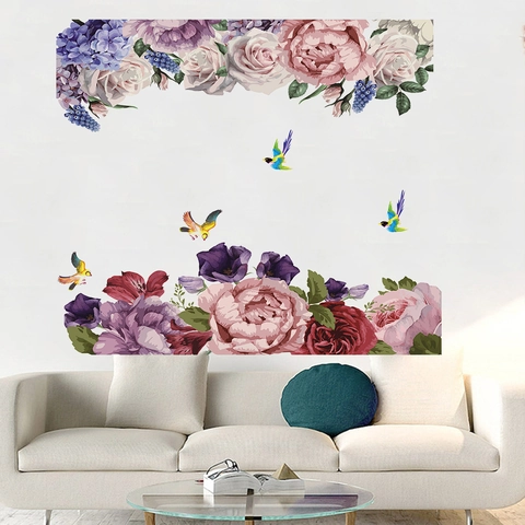 Handgemalt Pfingstrose Blume Vogel Wandtattoo Abnehmbare PVC Floral Wandbild Für Wohnzimmer Schlafzimmer Home Dekorative Kunst Tapete
