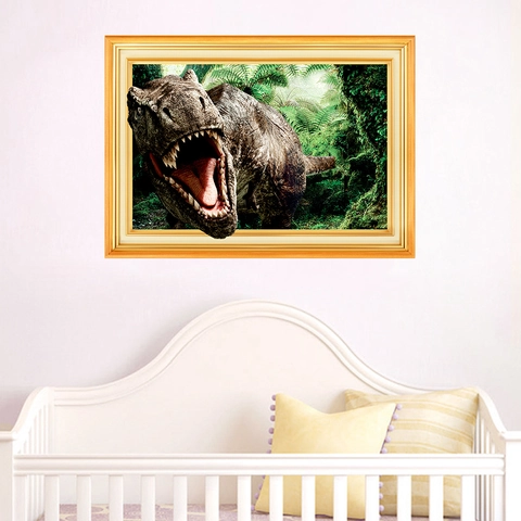 3D Broken Wall Sticker Forest Dinosaur Tyrannosaurus Rex PVC Waterproof Removable Mural For Childrens Room Bedroom Living Room Home Decor