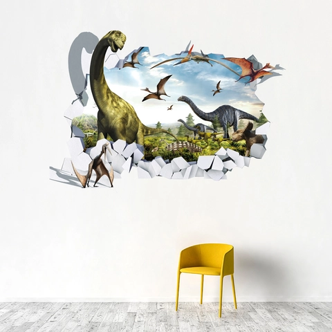 Adesivo da Parete Dinosauro Realistico 3D Effetto Muro Rotto PVC Decalcomania Decorativa per Cameretta Soggiorno Camera da Letto Casa