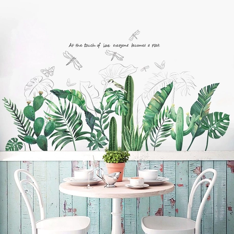 Vinilo de Pared Planta Hoja Verde Tropical Nórdico PVC Removible Impermeable Calcomanía para Sala de Estar Dormitorio Hogar