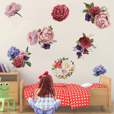 Handbemalte Pfingstrose Rose Hortensie Wandaufkleber PVC Wasserdicht Abnehmbar Blumen Decals Für Schlafzimmer Wohnzimmer Heimdeko
