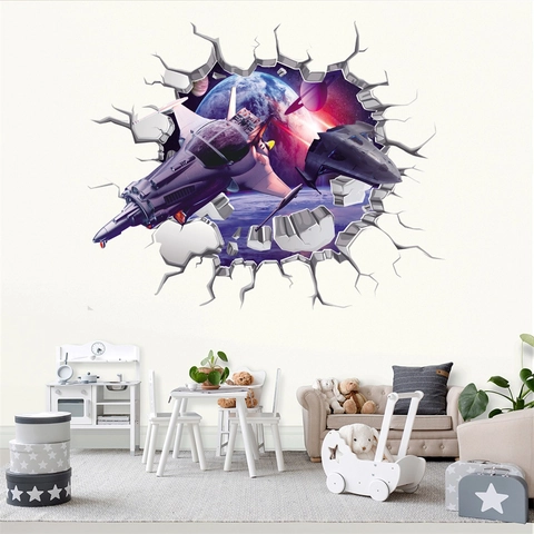 3D Wanddurchbruch Weltraum Galaxie Wandaufkleber PVC Wasserdicht Raumschiff Planeten Universum Wandbild Für Kinderzimmer Deko