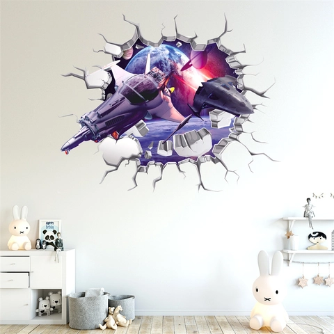 3D Wanddurchbruch Weltraum Galaxie Wandaufkleber PVC Wasserdicht Raumschiff Planeten Universum Wandbild Für Kinderzimmer Deko
