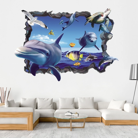 Pegatina De Pared 3D Océano Mar Delfín Pared Rota Impermeable PVC Mural Arte Calcomanía Para Habitación De Niños Baño
