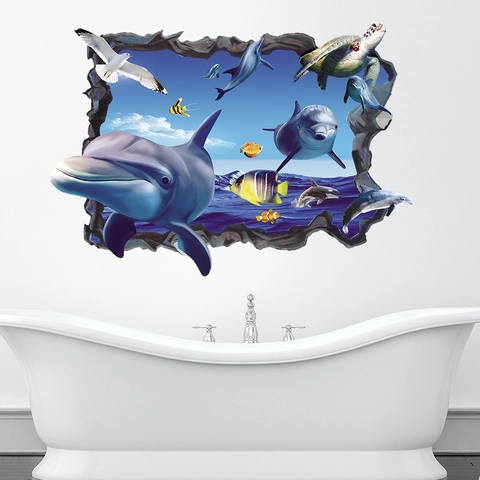 Pegatina De Pared 3D Océano Mar Delfín Pared Rota Impermeable PVC Mural Arte Calcomanía Para Habitación De Niños Baño