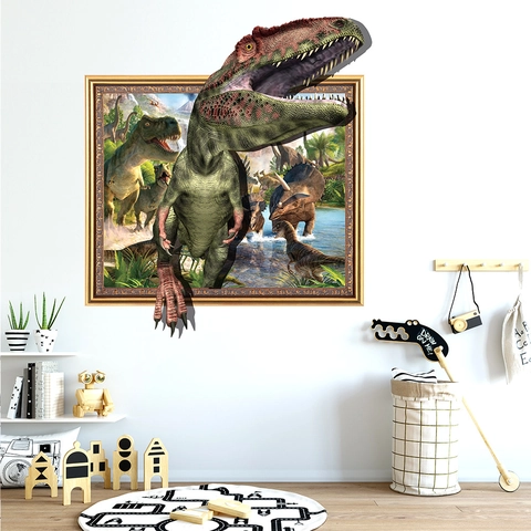 3D Realistic Dinosaur Wall Decal Broken Wall Effect PVC Animal Sticker For Kids Bedroom Living Room Home Decoration
