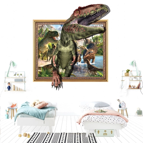 3D Realistic Dinosaur Wall Decal Broken Wall Effect PVC Animal Sticker For Kids Bedroom Living Room Home Decoration
