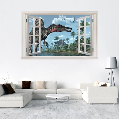 3D Dinosaurio Pegatina de Pared PVC Ventana Falsa Paisaje Calcomanía Creativa Mural para Habitación de Niños Sala de Estar Decoración