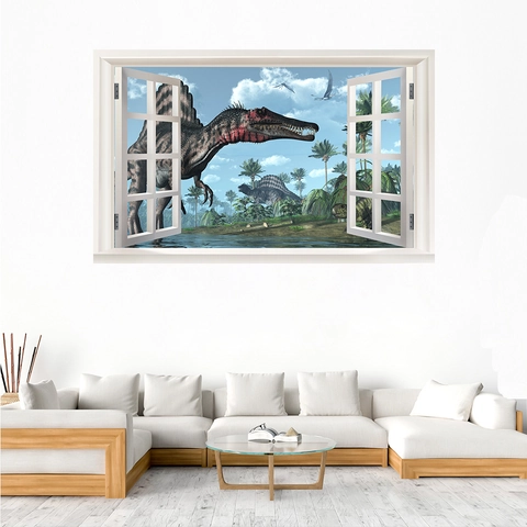 3D Dinosaurio Pegatina de Pared PVC Ventana Falsa Paisaje Calcomanía Creativa Mural para Habitación de Niños Sala de Estar Decoración