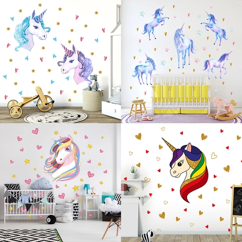 Adesivo da Parete Unicorno Acquerello Stelle Cuori per Arredamento Cameretta Bambini PVC Impermeabile Unicorno Arcobaleno Cartone Animato