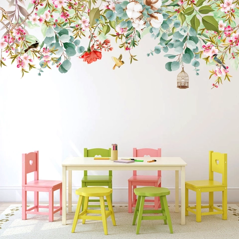 Blumen Vogelkäfig PVC Wandaufkleber Wasserdicht Selbstklebend Pflanze Vogel Abziehbild Für Wohnzimmer Schlafzimmer Kunst Wandbild