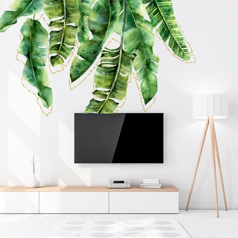 Pegatina de Pared de PVC de Hoja Verde Tropical Hojas de Plátano de Acuarela Con Contorno Dorado Calcomanía de Pared Grande para Sala
