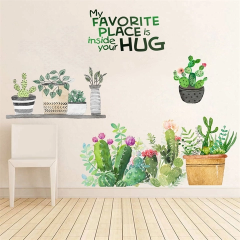 Aquarell Topf Kaktus Sukkulente Wandtattoo PVC Wasserdicht Abnehmbare Pflanze Wandaufkleber Mit Zitat Für Haus Wohnzimmer Deko