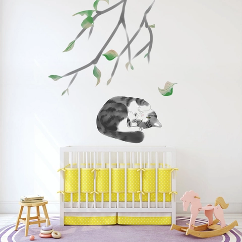 Stickers Muraux Chat qui Dort et Branches d'Arbre Peints à la Main PVC Imperméable Autocollants Amovibles pour Chambre d'Enfant Salon Maison