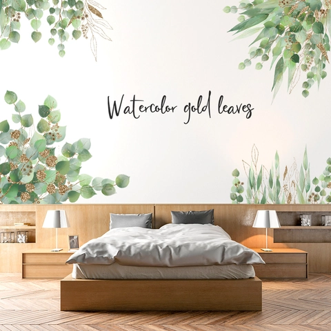 Aquarell Grüne Blätter Gold Glitzer Wandaufkleber Eukalyptusblatt Wasserdichte PVC Aufkleber Für Wohnzimmer Schlafzimmer Nordic Home Decor