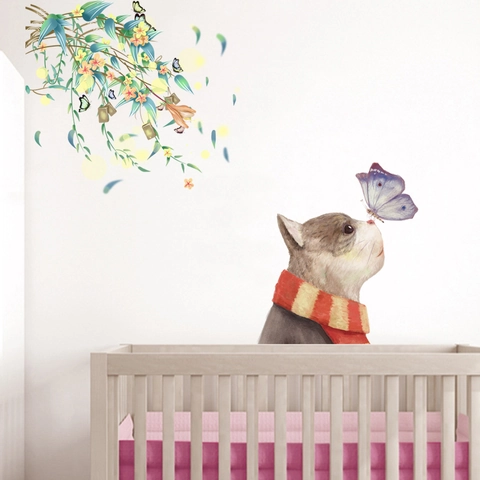 Aquarell Katze Schmetterling Wandtattoo PVC Abnehmbarer Wandsticker Für Kinderzimmer Babyzimmer Wohnzimmer Heimdeko