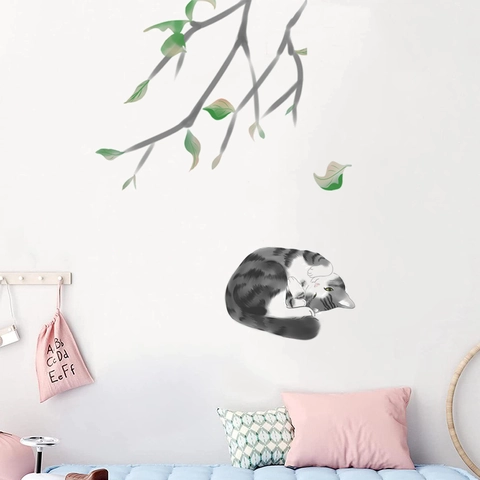 Stickers Muraux Chat qui Dort et Branches d'Arbre Peints à la Main PVC Imperméable Autocollants Amovibles pour Chambre d'Enfant Salon Maison