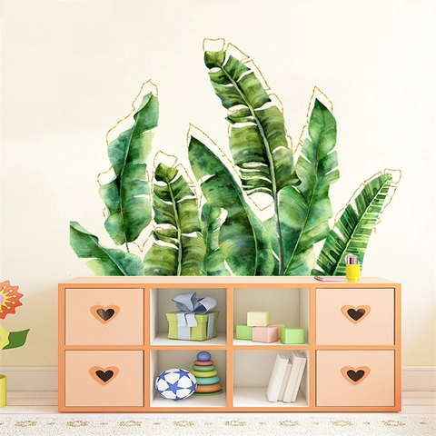 Pegatina de Pared de PVC de Hoja Verde Tropical Hojas de Plátano de Acuarela Con Contorno Dorado Calcomanía de Pared Grande para Sala