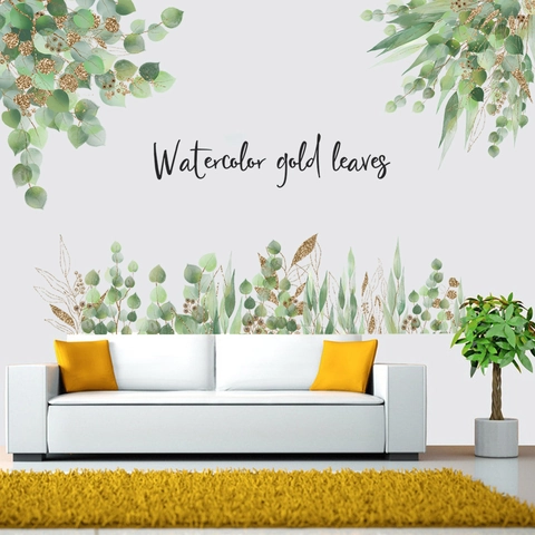 Aquarell Grüne Blätter Gold Glitzer Wandaufkleber Eukalyptusblatt Wasserdichte PVC Aufkleber Für Wohnzimmer Schlafzimmer Nordic Home Decor