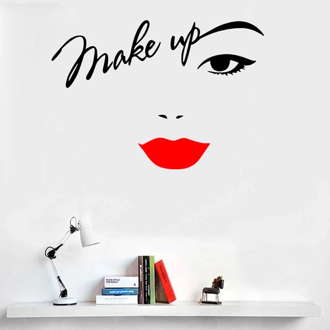 Minimalistisch Schönheit Make-up Wandtattoo Rote Lippen Augen Vinyl Selbstklebend Wandaufkleber Für Schlafzimmer Deko