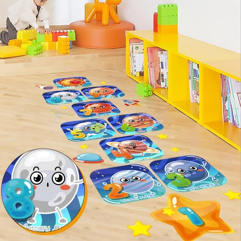 Solar System Planet Hopscotch Floor Stickers PVC Waterproof Cartoon Number Educational Decals For Kids Bedroom Kindergarten