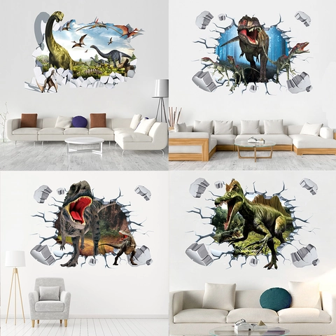 Adesivo da Parete Dinosauro Realistico 3D Effetto Muro Rotto PVC Decalcomania Decorativa per Cameretta Soggiorno Camera da Letto Casa