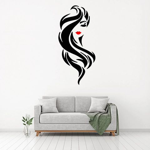 Pegatina de Pared Silueta de Rostro Femenino Minimalista Labios Rojos Salón de Belleza Peluquería Decoración PVC Autoadhesiva Impermeable