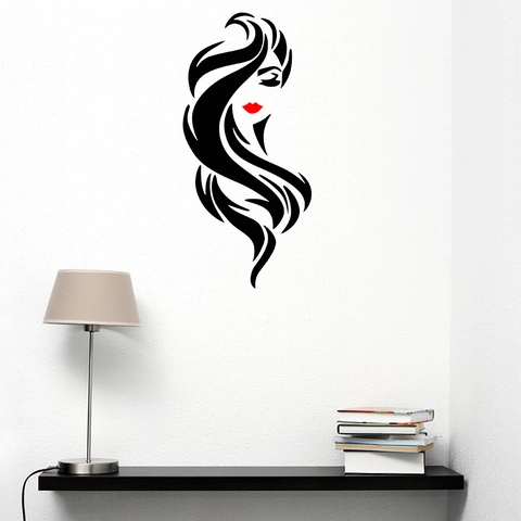 Pegatina de Pared Silueta de Rostro Femenino Minimalista Labios Rojos Salón de Belleza Peluquería Decoración PVC Autoadhesiva Impermeable