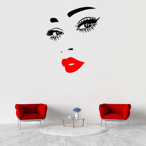 Modern Sexy Female Face Wall Sticker With Red Lips Long Eyelashes Eyes PVC Waterproof Self Adhesive Art Decal For Home Decor