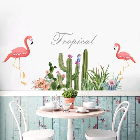 Stickers Muraux PVC Tropicaux Flamant Rose Cactus Fleur Imperméables Peints à la Main Pour Salon Chambre Bureau Décoration