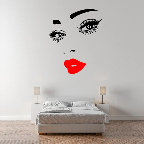 Modern Sexy Female Face Wall Sticker With Red Lips Long Eyelashes Eyes PVC Waterproof Self Adhesive Art Decal For Home Decor