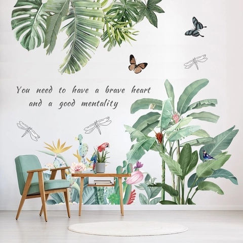 Adesivi Murali Foglie Verdi Tropicali Impermeabile PVC Monstera Cactus Pappagallo Decalcomanie da Muro per Soggiorno Camera da Letto