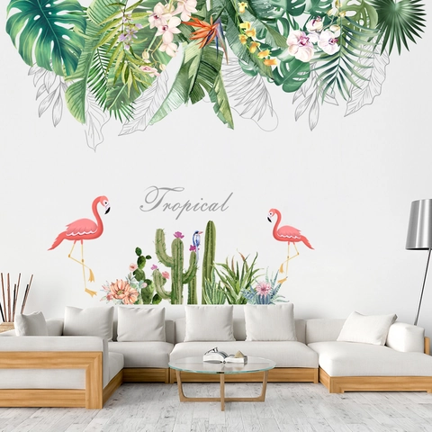 Tropical Flamingo Cactus Green Leaves Wall Stickers Waterproof PVC Mural For Living Room Bedroom Hallway Home Decor