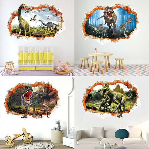 3D Realistischer Dinosaurier Wandaufkleber Broken Wall Effekt Wasserdichtes PVC Abnehmbares Dekal Für Kinderzimmer Wohnzimmer Deko